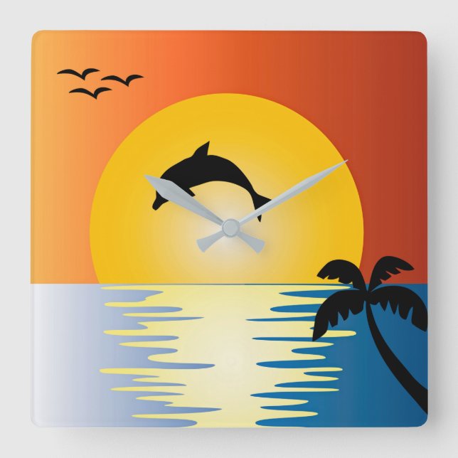 DOLPHIN-SILHOUETTE AM SUNSET SQUARE WANDSCHALTER QUADRATISCHE WANDUHR (Vorderseite)