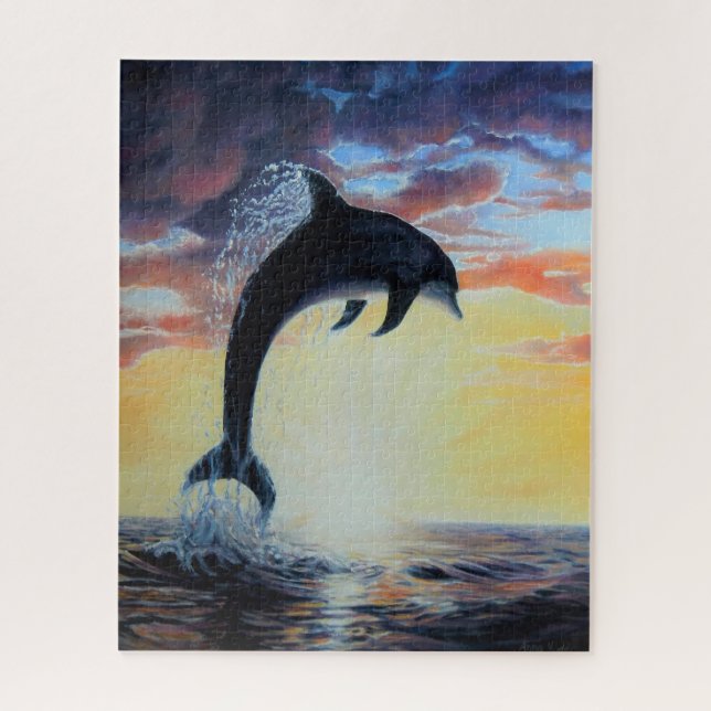 Dolphin springt bei Sonnenuntergang/Sonnenaufgang  Puzzle (Vertikal)