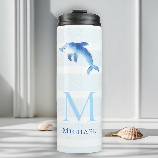 Dolphin Stripes Monogram Beach Wasserfarbe Thermosbecher (beach house tumbler personalized monogram dolphin sea blue stripes nautical ocean grandchild oy gift)