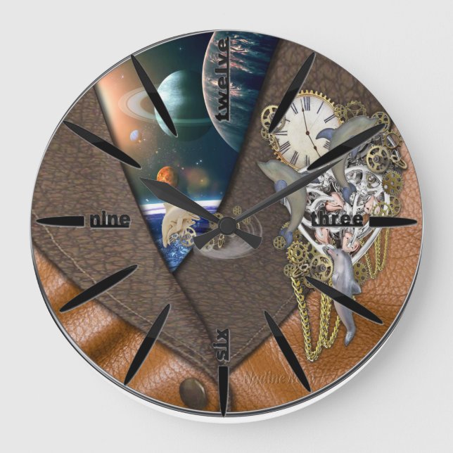 Dolphin Time on leather Große Wanduhr (Vorderseite)