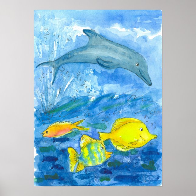 Dolphin Tropical Fish Aquarellbilder Poster (Vorne)