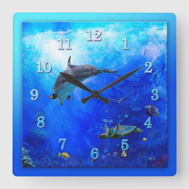 Dolphin World WIND AUF DEM WASSER Quadratische Wanduhr (Vorderseite)