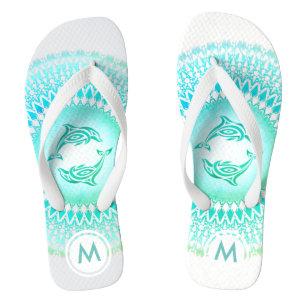 Dolphine Mandala Green White Monogram Flip Flops