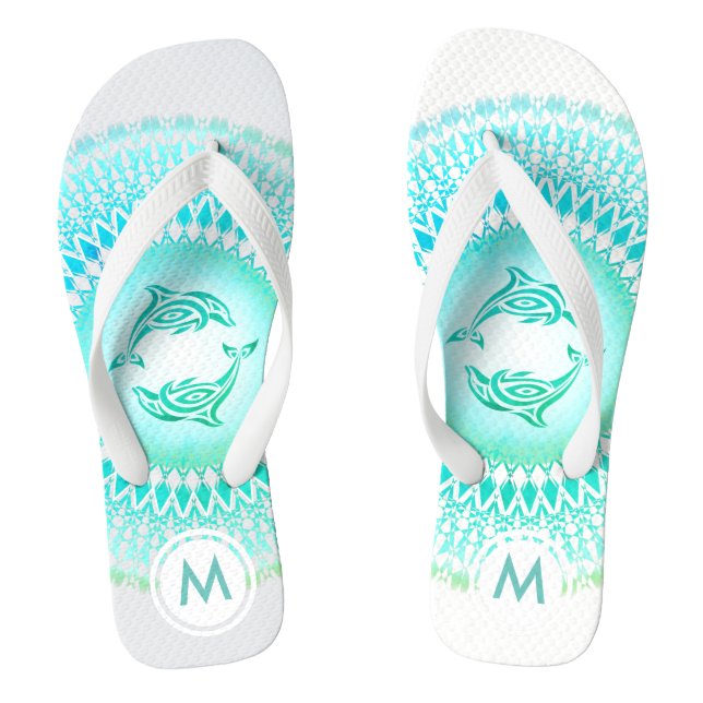 Dolphine Mandala Green White Monogram Flip Flops (Fußbett)