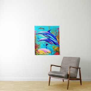 Dolphins in Ocean with Beautiful Coral Reef Design Wandteppich
