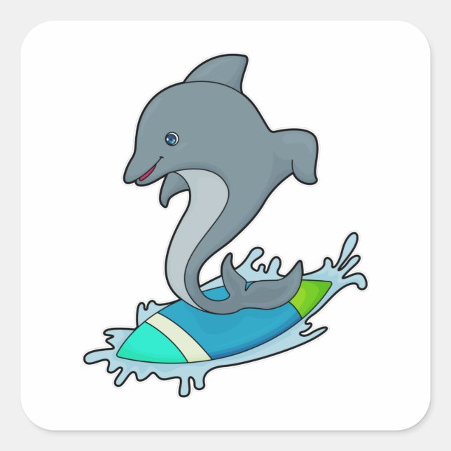 Dolpin als Surfer mit Surfboard Quadratischer Aufkleber (Vorderseite)