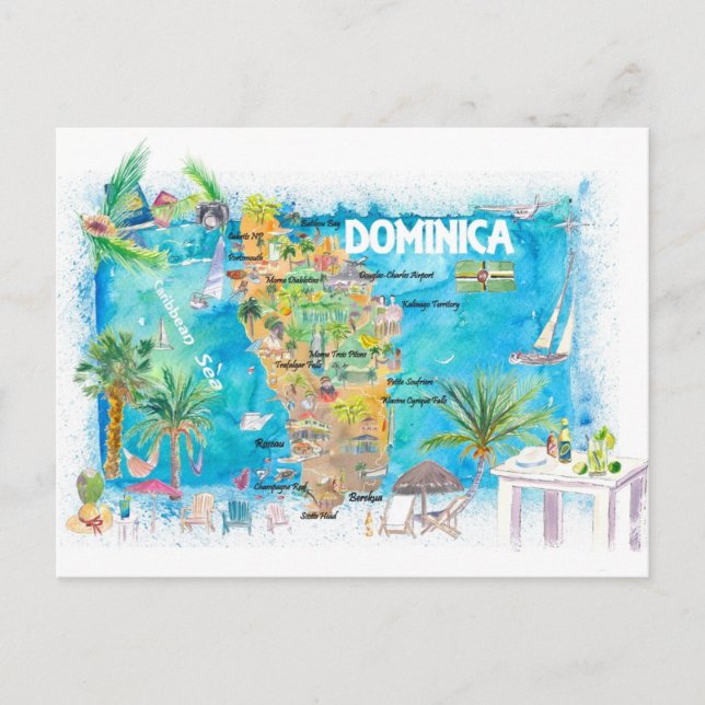 Dominica Antilles Illustrierte Reisekarte Postkarte (Vorderseite)