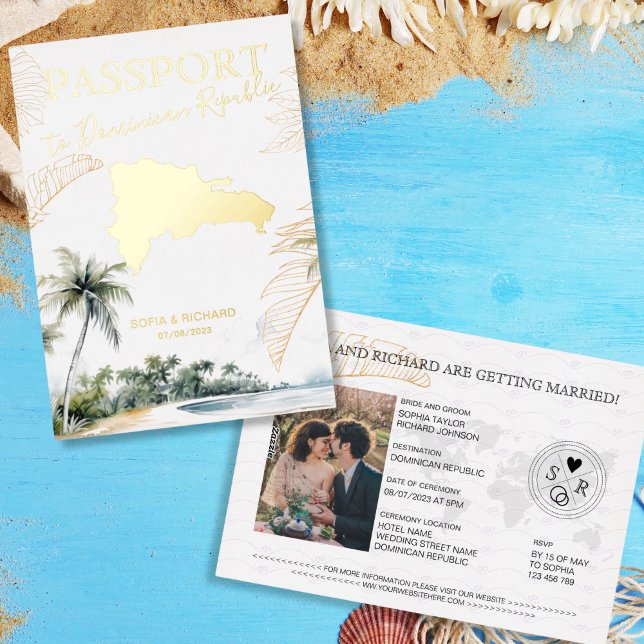 Dominican Republic Destination Wedding Passport Folieneinladung (gold foil mexico map passport wedding invitation)