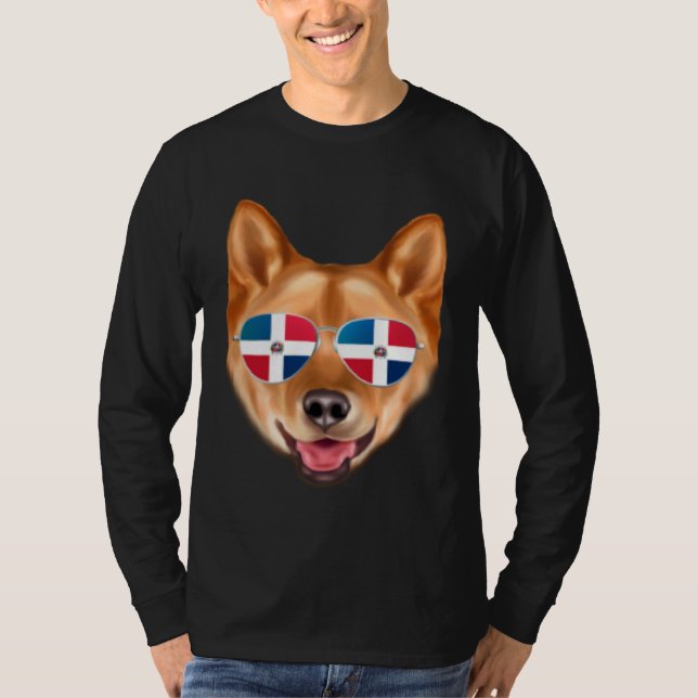 Dominican Republic Flag Finnish Spitz Dog Pocket T-Shirt (Vorderseite)