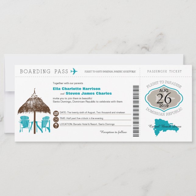 Dominikanische Republik Boarding Pass Hochzeit Einladung (Vorderseite)