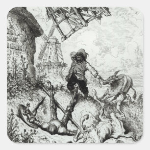 Don Quixote und die Windmühlen Quadratischer Aufkleber