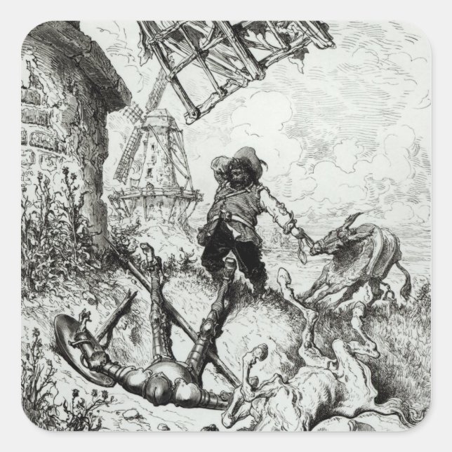 Don Quixote und die Windmühlen Quadratischer Aufkleber (Vorderseite)