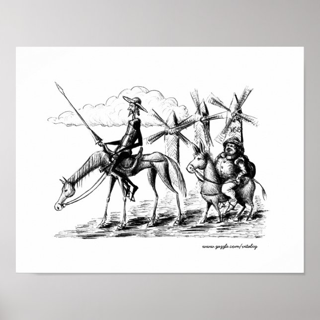 Don Quixote und Sancho Panza Tintenstift zeichnend Poster (Vorne)
