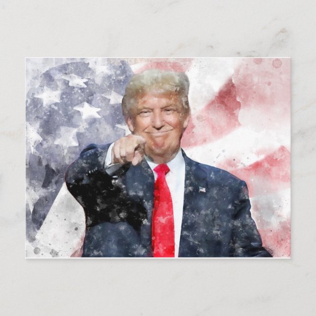 Donald Trump weist auf amerikanische Flagge Postkarte (Vorderseite)