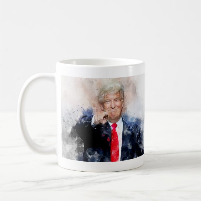 Donald Trump zeigt Aquarellbilder Kaffeetasse (Links)