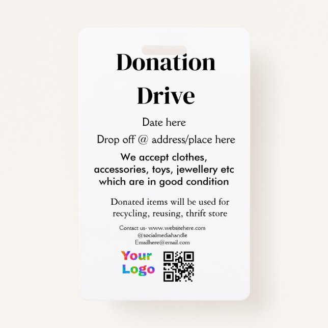 Donation drive add address date business name logo ausweis (Vorderseite)