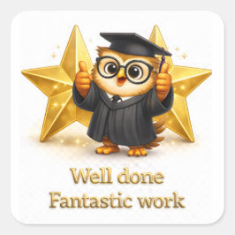 Done, fantastic work graduation owl two gold stars quadratischer aufkleber