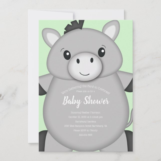 Donkey Baby Shower Green Einladung (Vorderseite)