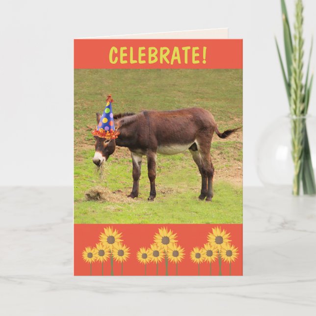 Donkey Celebrate Happy Birthday Karte (Vorderseite)