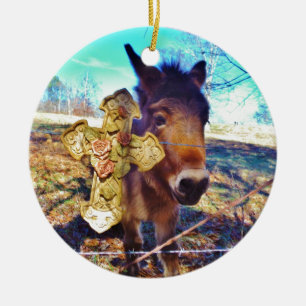 Donkey mit Rose Cross Keramik Ornament