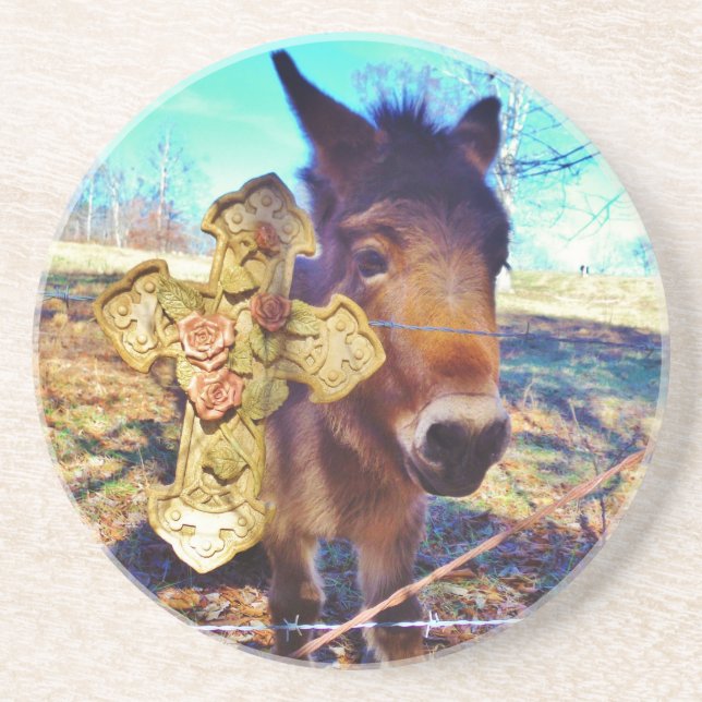 Donkey mit Rose Cross Sandstein Untersetzer (Vorne)
