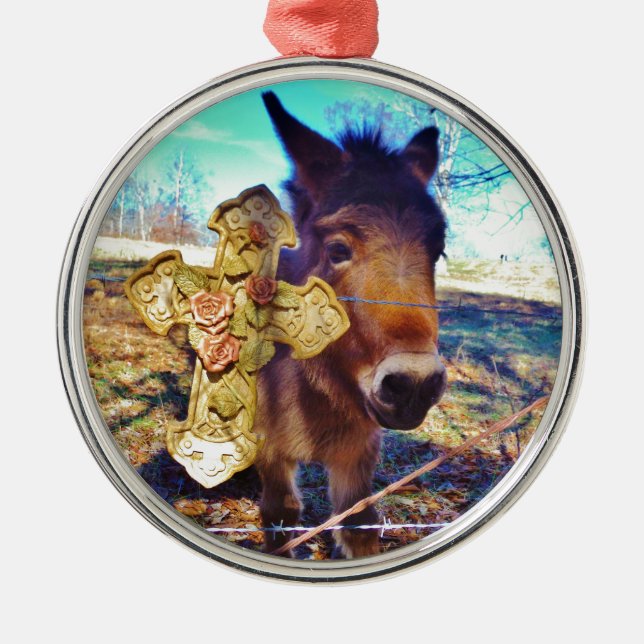 Donkey mit Rose Cross Silbernes Ornament (Vorne)
