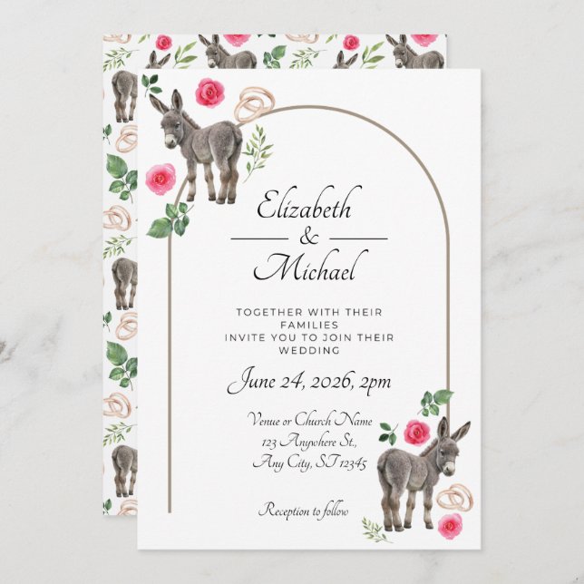 Donkey Pink Floral Wedding Invitation  Einladung (Vorne/Hinten)