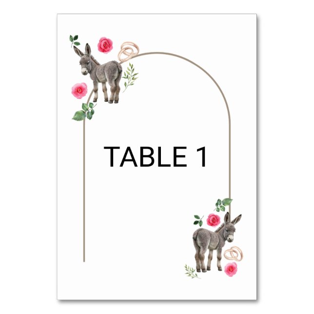 Donkey Pink Floral Wedding Table Number Card Tischnummer (Vorderseite)