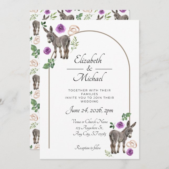 Donkey Purple Floral Wedding Invitation  Einladung (Vorne/Hinten)