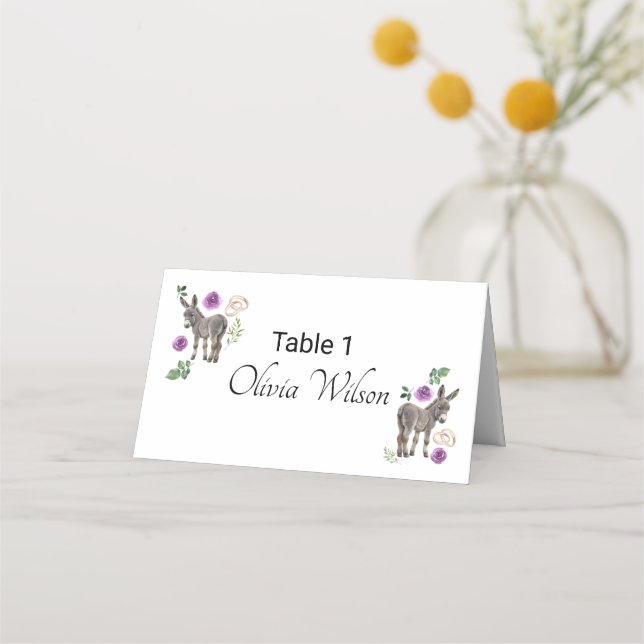 Donkey Purple Floral Wedding Place Card Platzkarte (Vorderseite)