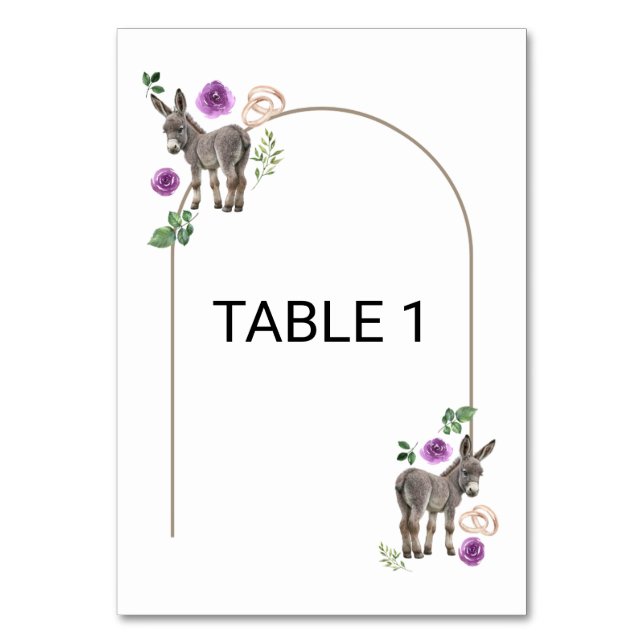 Donkey Purple Floral Wedding Table Number Card Tischnummer (Vorderseite)