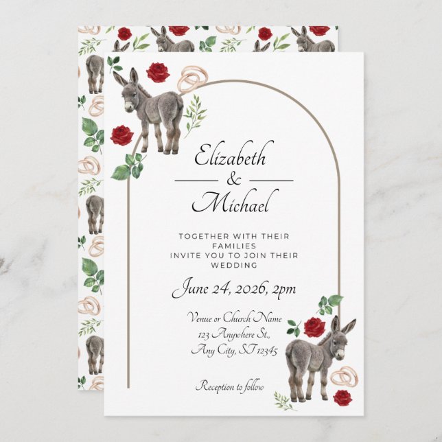 Donkey Red Floral Wedding Invitation  Einladung (Vorne/Hinten)
