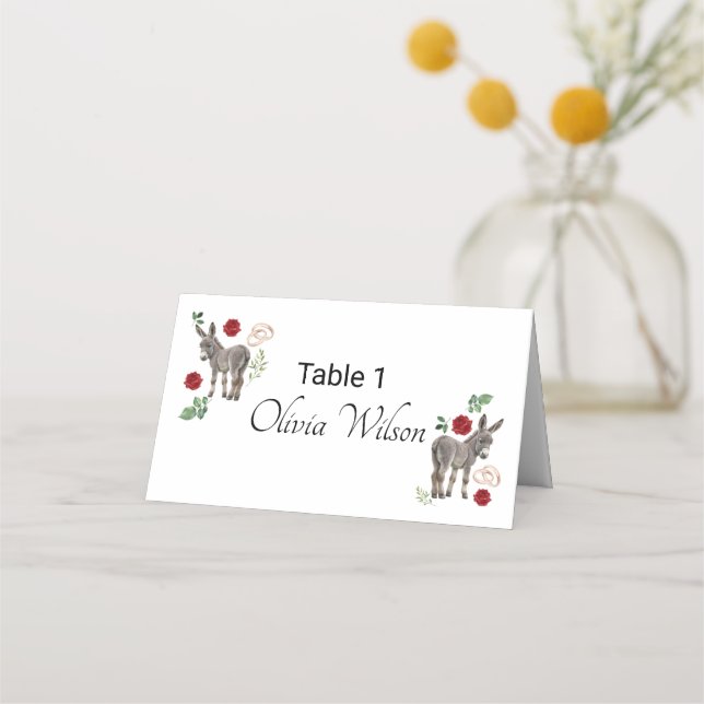Donkey Red Floral Wedding Place Card Platzkarte (Vorderseite)