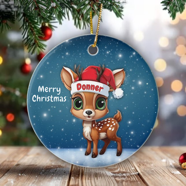 Donner Cute Whimsical Reindeer Graphic Unique🦌 🎄 Keramik Ornament (Personalizable Cute Whimsical Reindeer Graphic, Snowy Deer illustration, Blue Festive Ornament 🦌🎄)