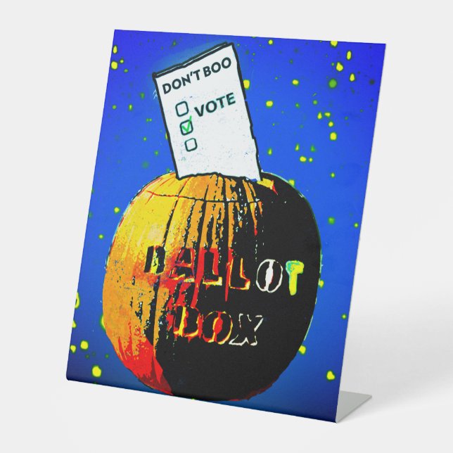 Don't Boo—Abstimmung—Pop Art Pumpkin Ballot Box Sockelschild (Vorderseite)