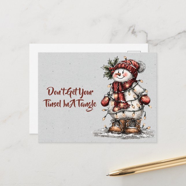 Don't Get Your Tinsel In A Tangle Snowman  Postkarte (Vorderseite/Rückseite Beispiel)