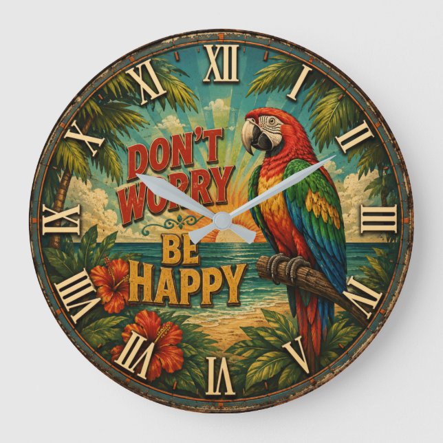 Don't Worry Be Happy Parrot Große Wanduhr (Vorderseite)