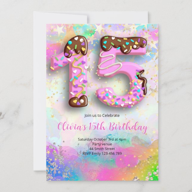 Donut 15th Birthday Girls Invitation Einladung (Vorderseite)