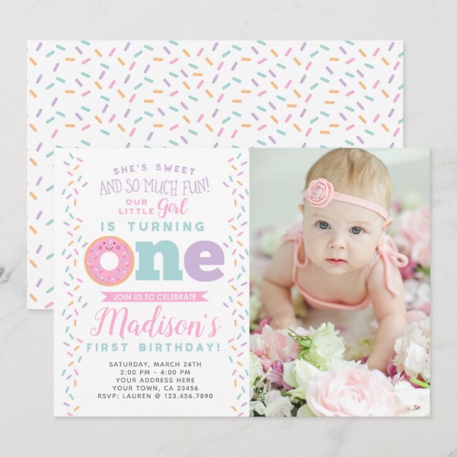 Donut 1st Birthday Invitation with Photo Einladung (Vorne/Hinten)