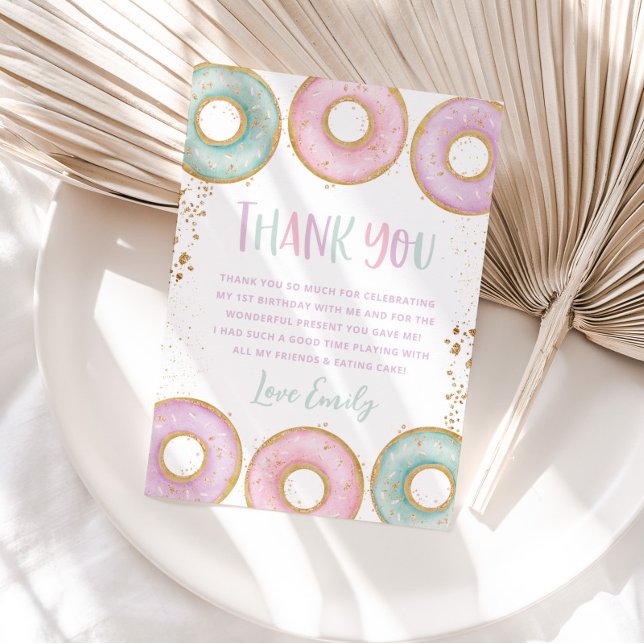 Donut 1st Birthday Party Flat Thank You Card Aqua Dankeskarte (Von Creator hochgeladen)