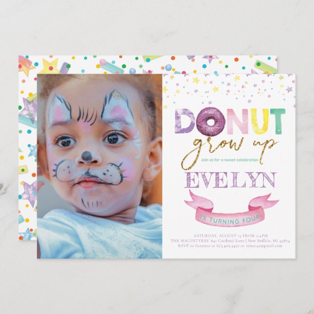 Donut Birthday Einladung Donut Grow Up Foto (Vorne/Hinten)