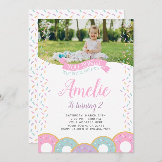 Donut Birthday Einladung mit Foto (Vorne/Hinten)