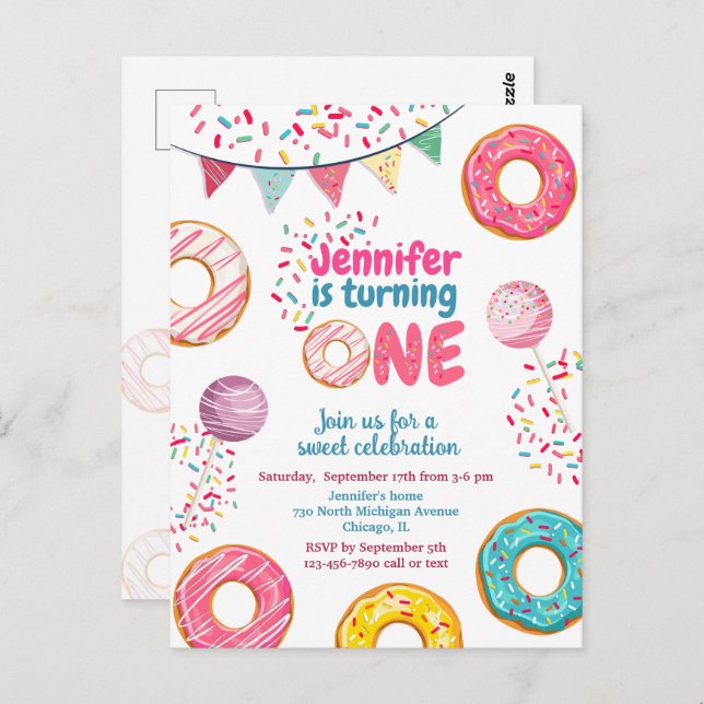 Donut Birthday Einladung Sweet 1 ONE Postkarte (Vorne/Hinten)