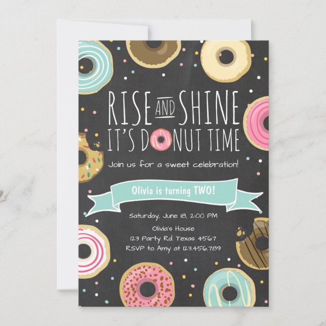Donut Birthday Party Einladung Rise und Shine (Vorderseite)