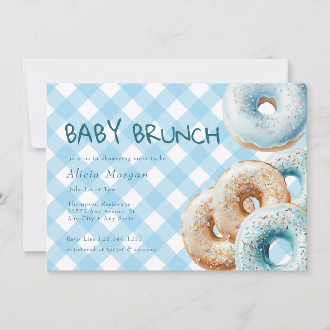 Donut | Blue Gingham Boy Baby Shower Einladung (Vorderseite)