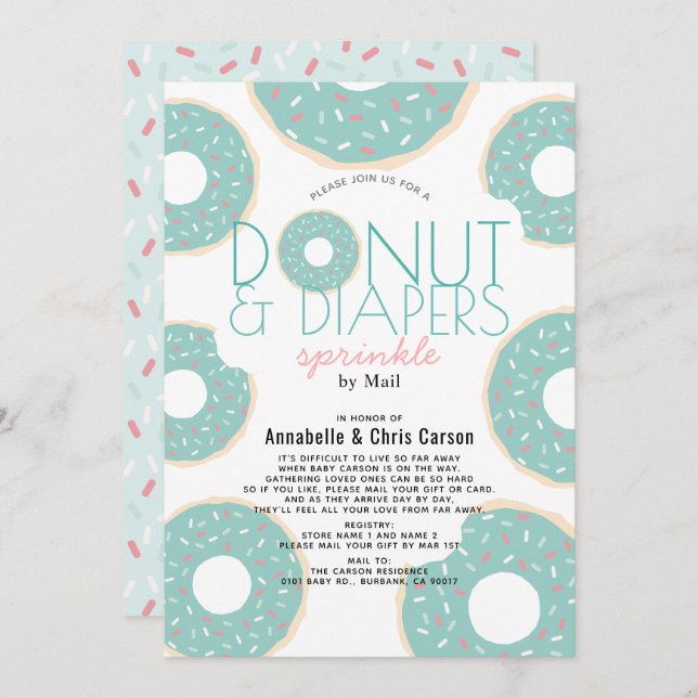 Donut & Diapers Sprinkle Mint Baby Dusche per Mail Einladung (Vorne/Hinten)