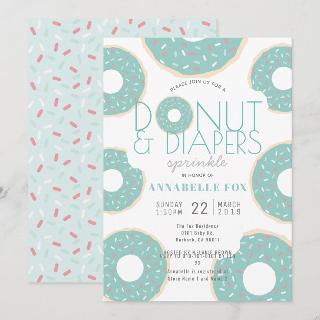 Donut & Diapers Sprinkle Mint Green Baby Dusche Einladung (Vorne/Hinten)