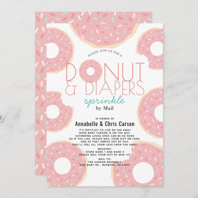 Donut & Diapers Sprinkle Pink Baby Dusche per Mail Einladung (Vorne/Hinten)