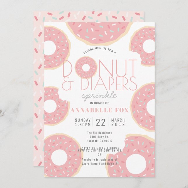 Donut & Diapers Sprinkle Pink Babydusche Einladung (Vorne/Hinten)