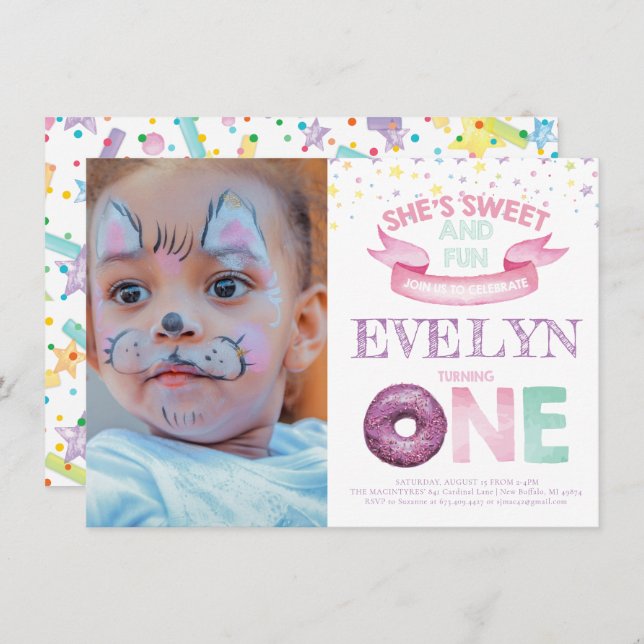 Donut First Birthday Watercolor Foto Einladung (Vorne/Hinten)